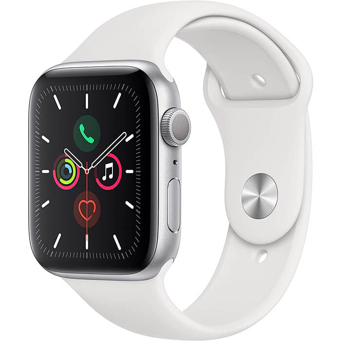 ساعت مچی هوشمند اپل واچ 5 44 میلیمتر نقره ای با بند لاستیکی سفید