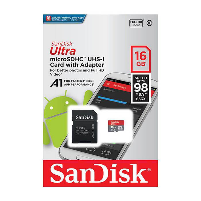 کارت حافظه سن دیسک مدل Ultra A1 کلاس 10 استاندارد UHS-I ظرفیت 16 گیگابایت به همراه آداپتور SD